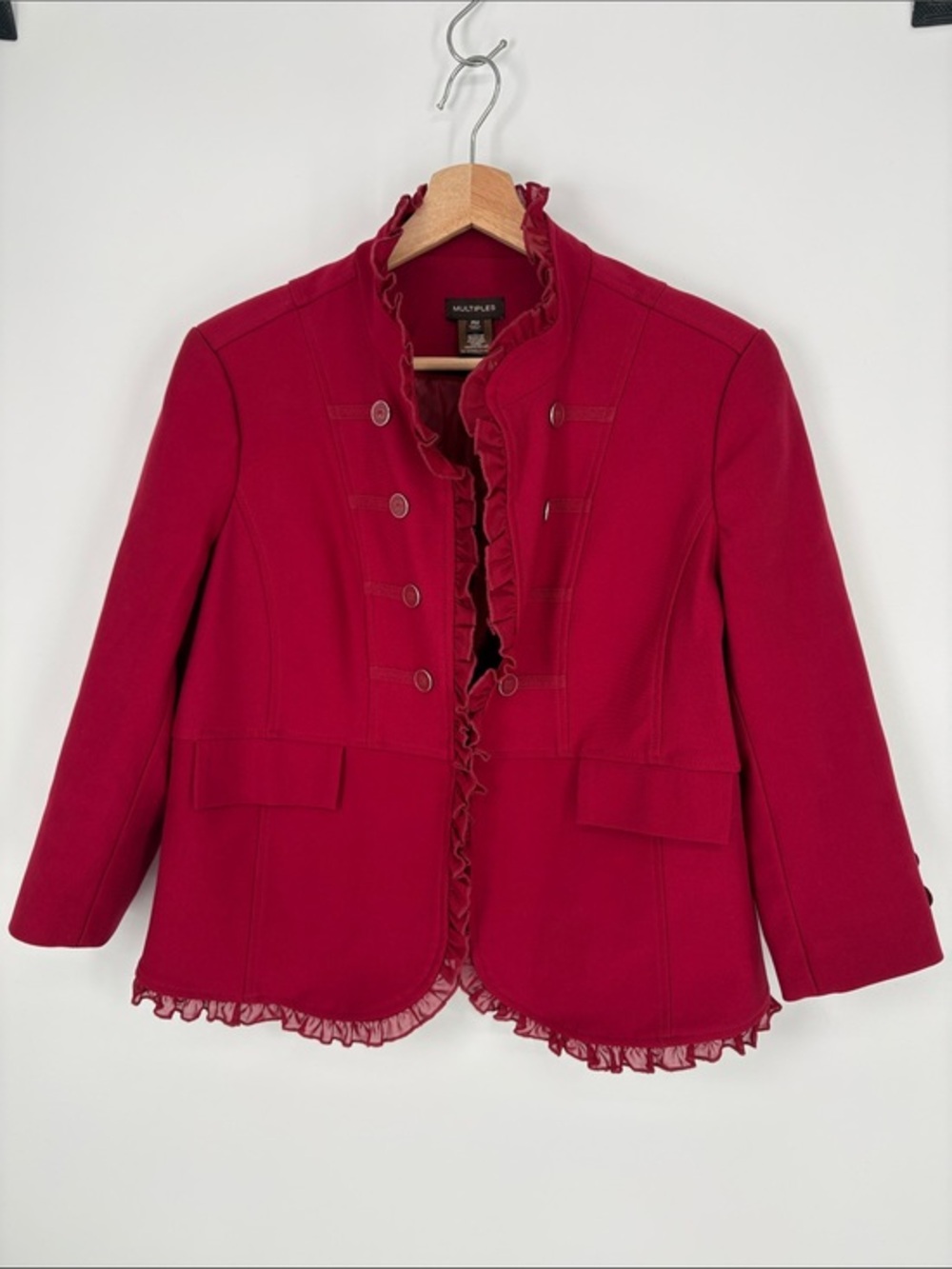 🍔 Multiples knit Ruffled Trim Red Blazer Jacket bracelet, length sleeves.